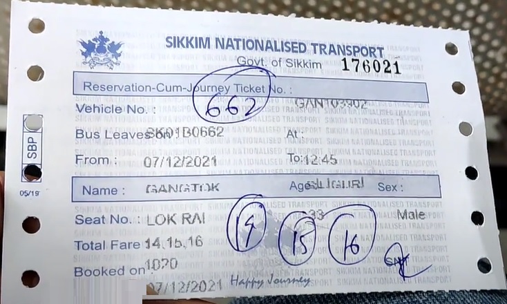 Sikkim-Nationalised-Transport-Govt-of-Sikkim-Reservation-Cum-Journey-Ticket-GANGTOK-to-SILIGURI